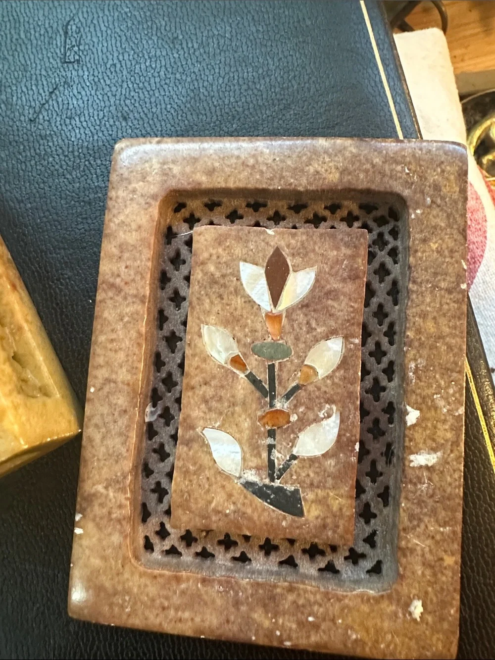 Handcrafted Brown Stone Cricket Box with Floral Inlay